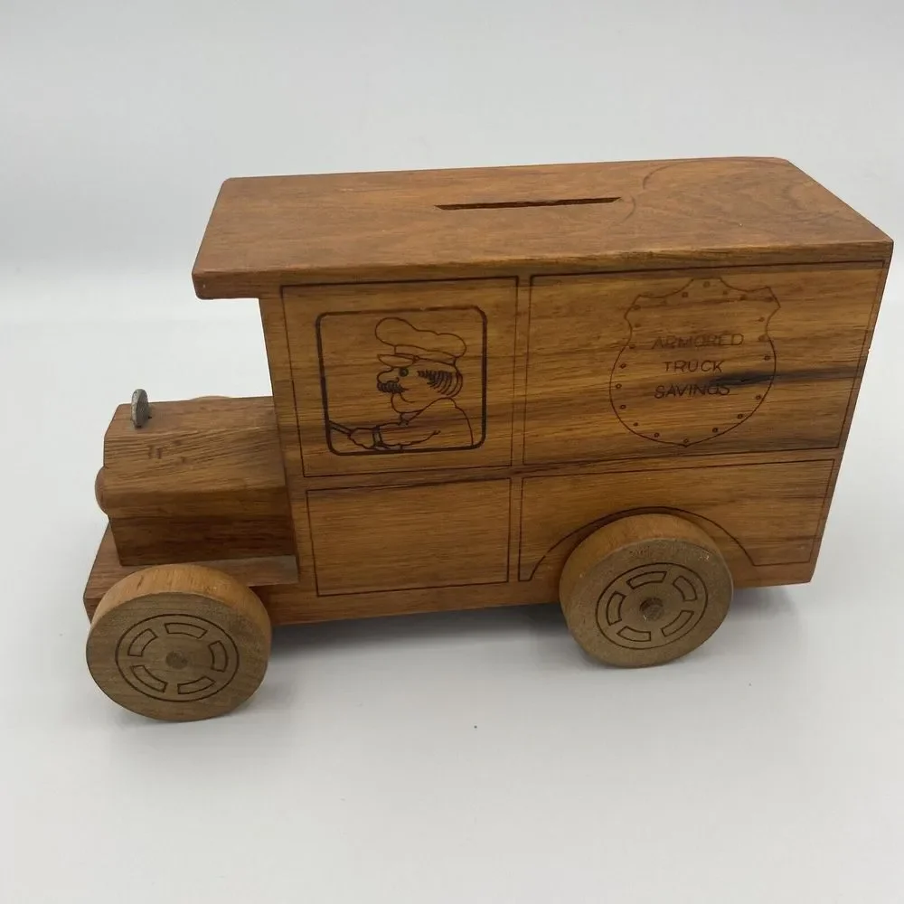 Vintage 1971 Toystalgia Wooden Rolling Armored Truck Savings Coin‎ Bank